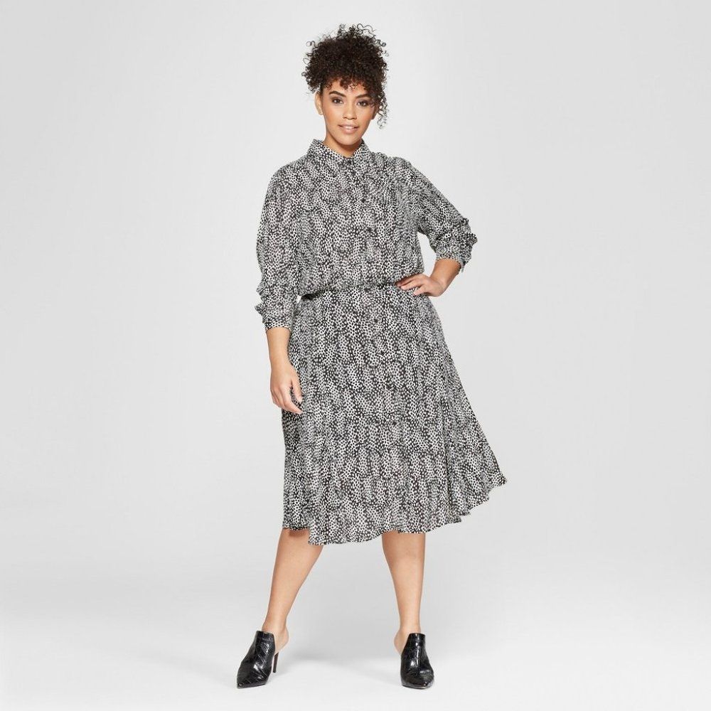 WOMEN'S plus size polka dot convertible sleeve midi shirt dress